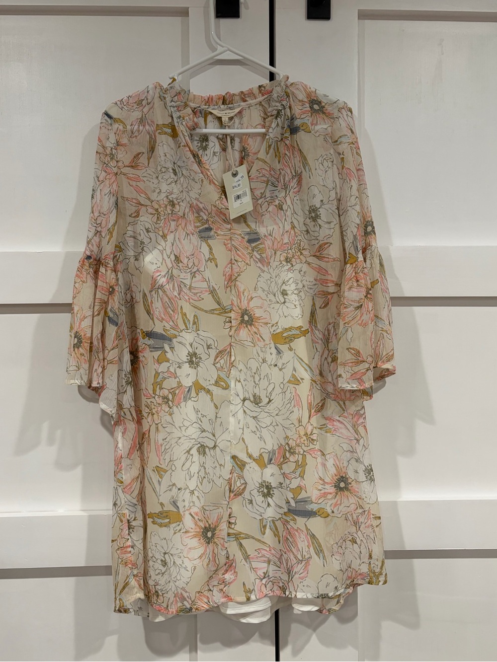 Lucky Brand Floral Sheer Midi Dress in Cream, Pink & Olive